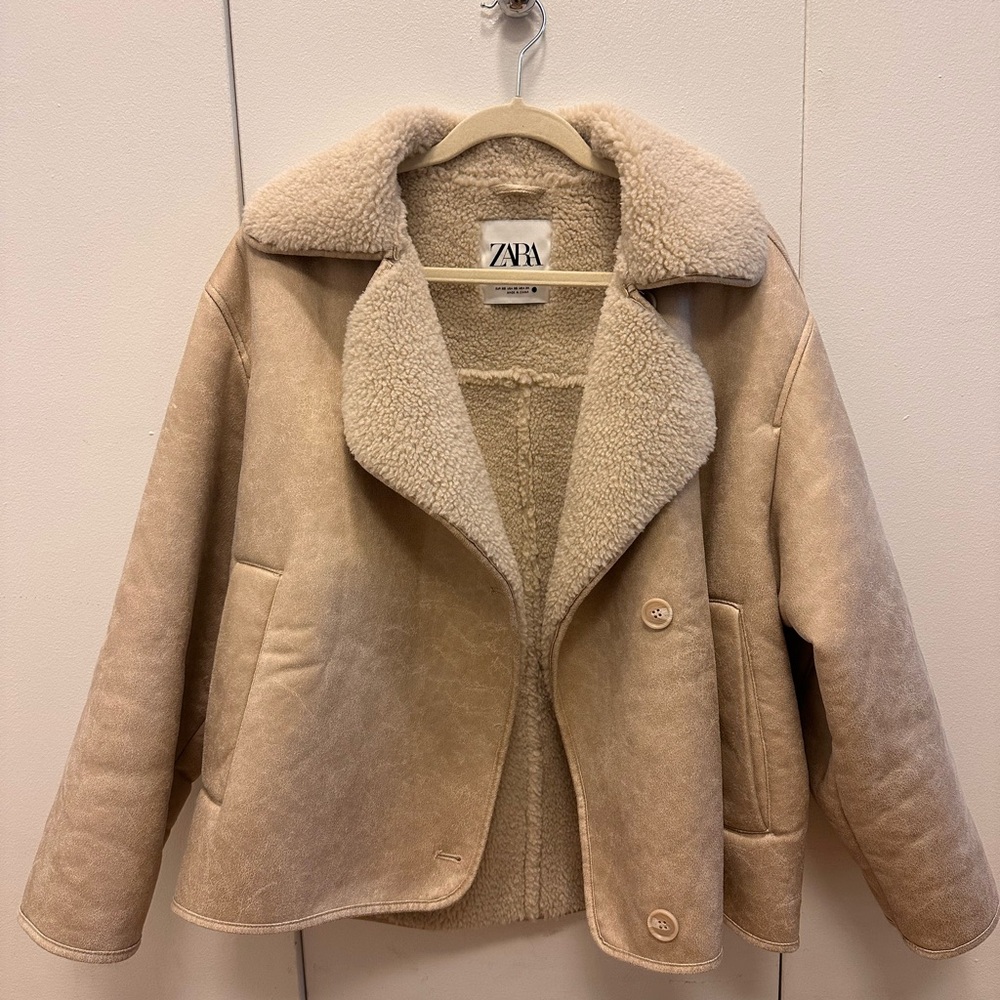 New Zara Double Faced Suede Shearling Beige Jacket